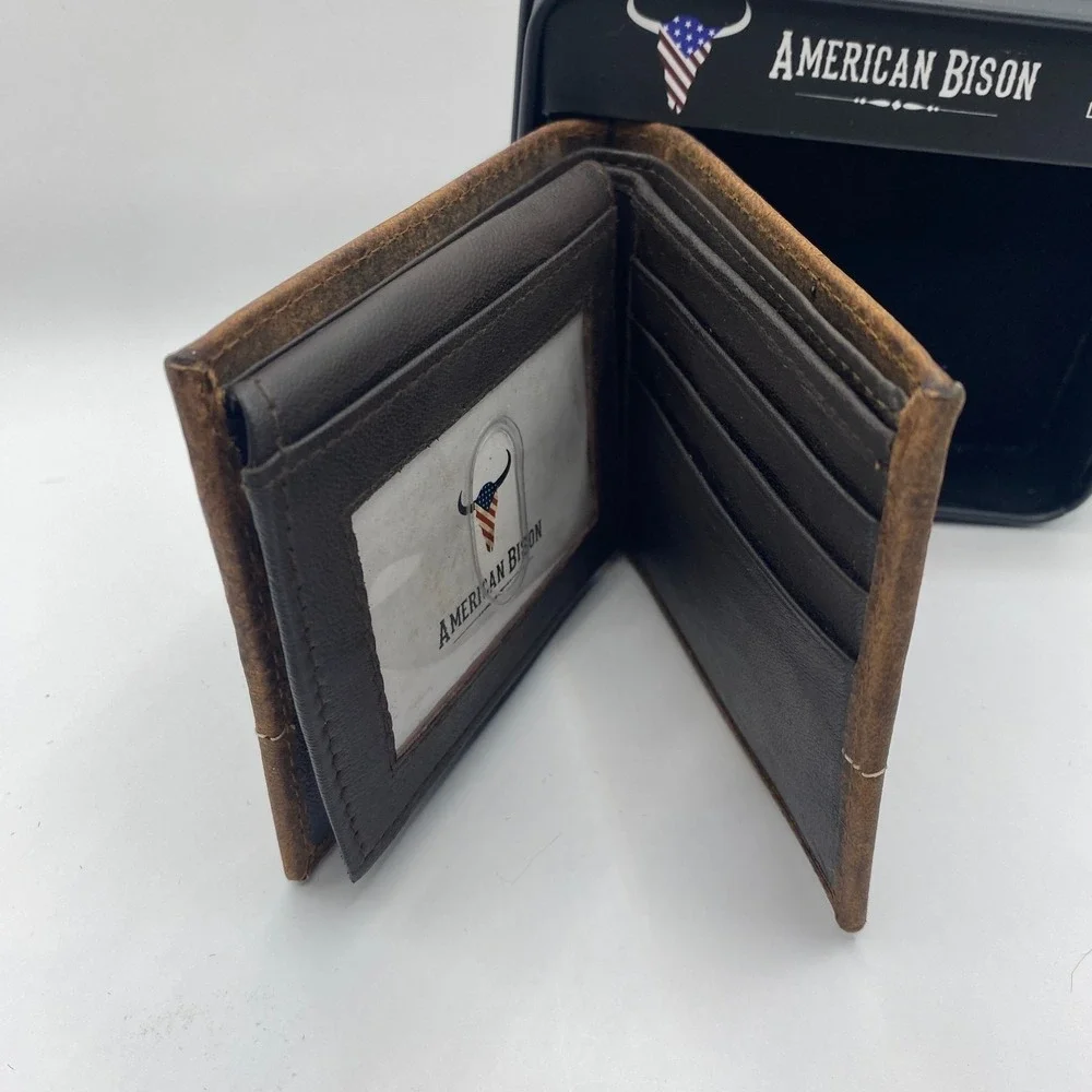 American Bison Bifold Wallet Men Distressed Dark Brown Leather Western Rodeo NIB
